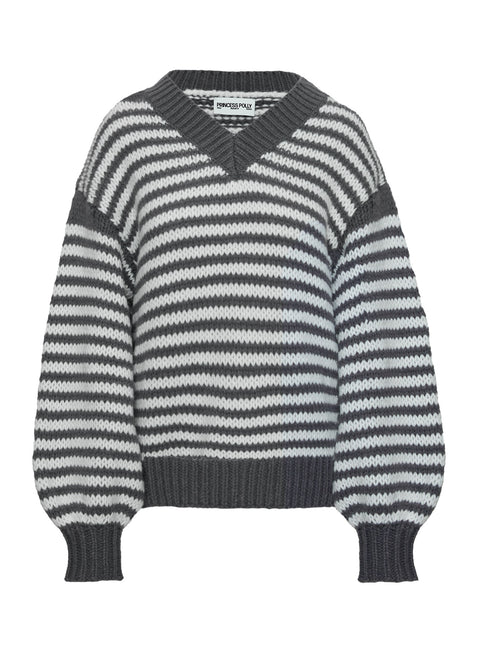 back view of model wearing Princess Polly Soloman Sweater Grey Stripe Longline Jumpers Jumpers 