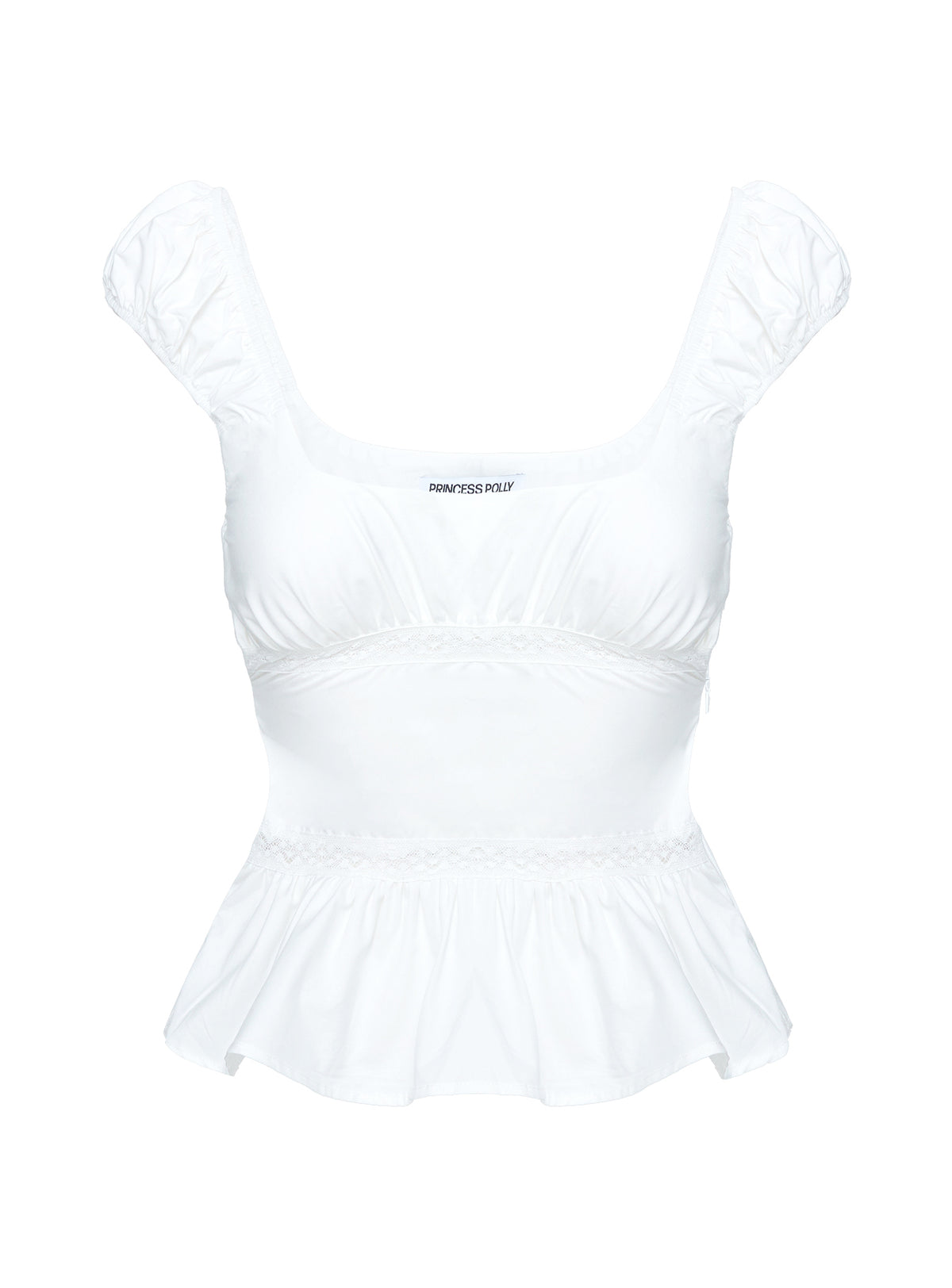 back view of model wearing Princess Polly Somi Top White Short Sleeves Square Neck 