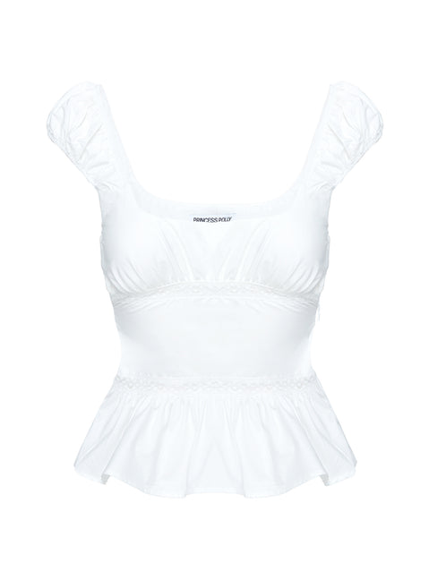 back view of model wearing Princess Polly Somi Top White Short Sleeves Square Neck 