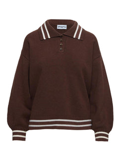 side view of model wearing Princess Polly Square One Collared Jumper Brown / Cream Longline Jumpers Jumpers 