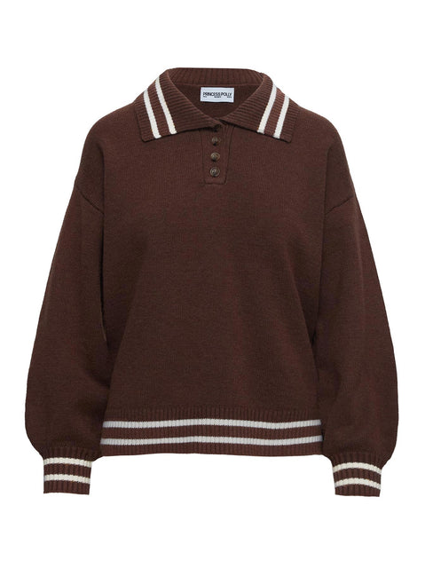 side view of model wearing Princess Polly Square One Collared Jumper Brown / Cream Longline Jumpers Jumpers 