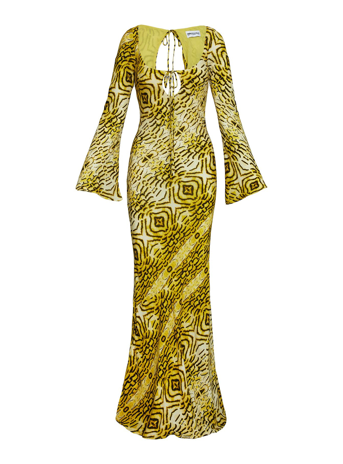 back view of model wearing Princess Polly Setting Sun Long Sleeve Maxi Dress Yellow / Black Scoop Neck 