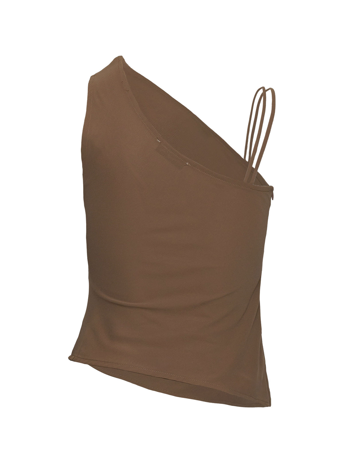 side view of model wearing Princess Polly Smash Hit One Shoulder Top Brown Sleeveless Asymmetric Neckline 