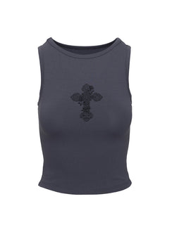 back view of model wearing Princess Polly Thelonius Top Blue Sleeveless Crew Neck 