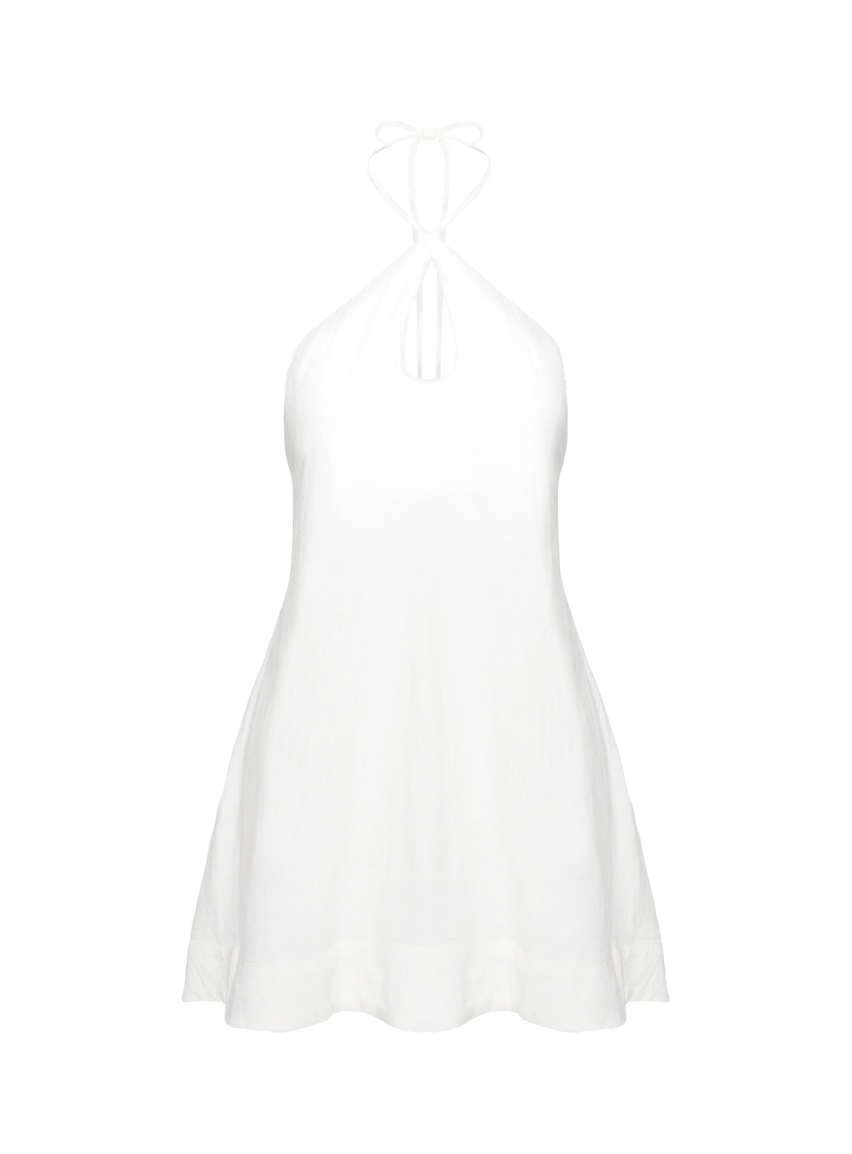 back view of model wearing Princess Polly Thomasina Linen Halter Dress White Plunger 