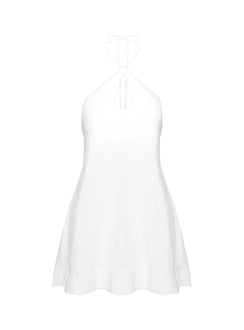 back view of model wearing Princess Polly Thomasina Linen Halter Dress White Plunger 