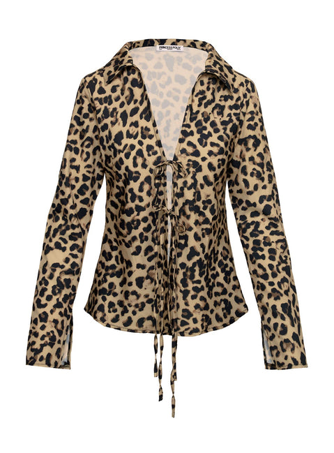 back view of model wearing Princess Polly Toriah Long Sleeve Tie Up Top Leopard Full Sleeves Plunger 