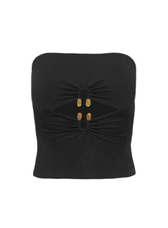 back view of model wearing Princess Polly Turlock Cut Out Strapless Top Black Sleeveless straight 