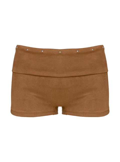 product Princess Polly Upgraded Stud Detail Faux Suede Shorts Brown Low Rise Shorts 