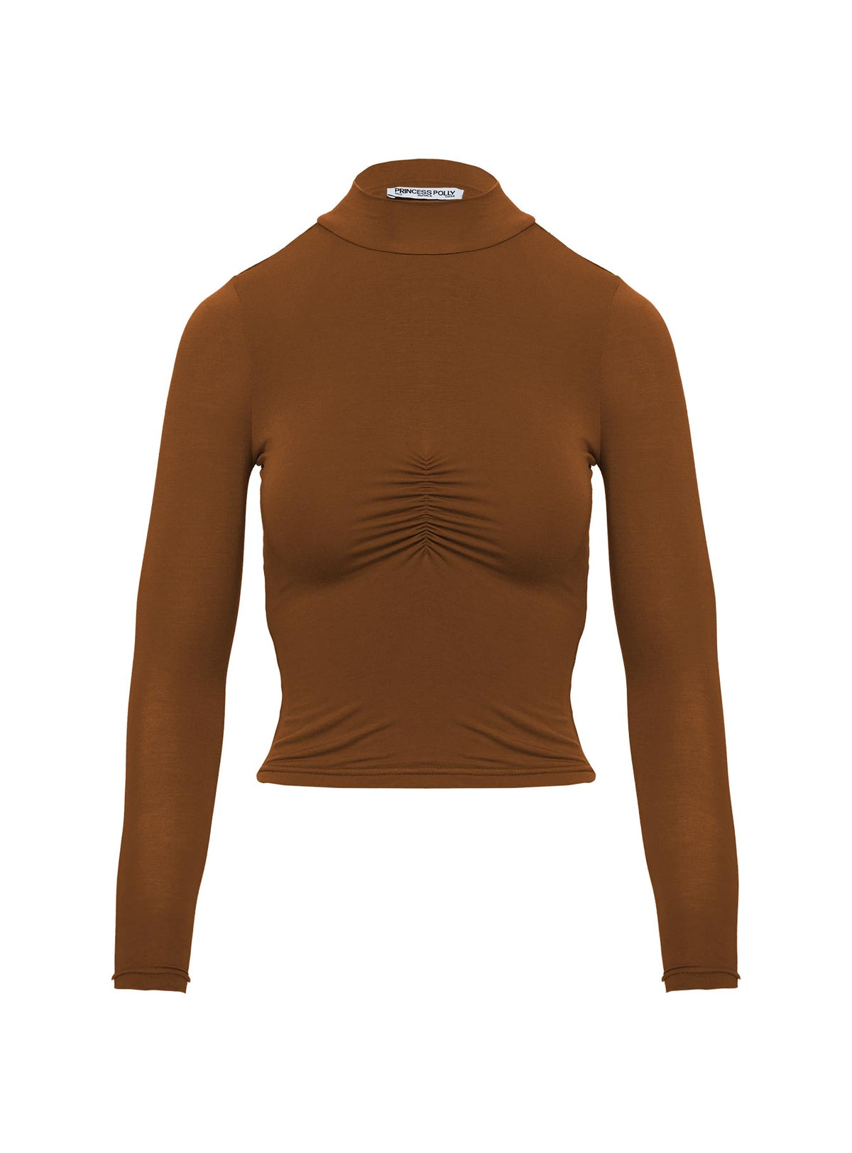 side view of model wearing Princess Polly Valley Girls Ruched Long Sleeve Top Brown Full Sleeves High Neck 