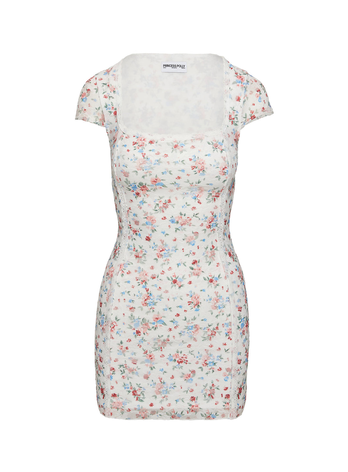 side view of model wearing Princess Polly Whitlock Mini Dress White / Floral Square Neck 