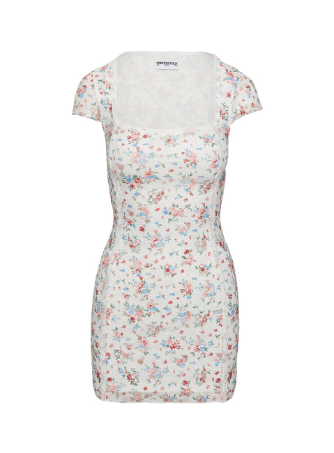 side view of model wearing Princess Polly Whitlock Mini Dress White / Floral Square Neck 