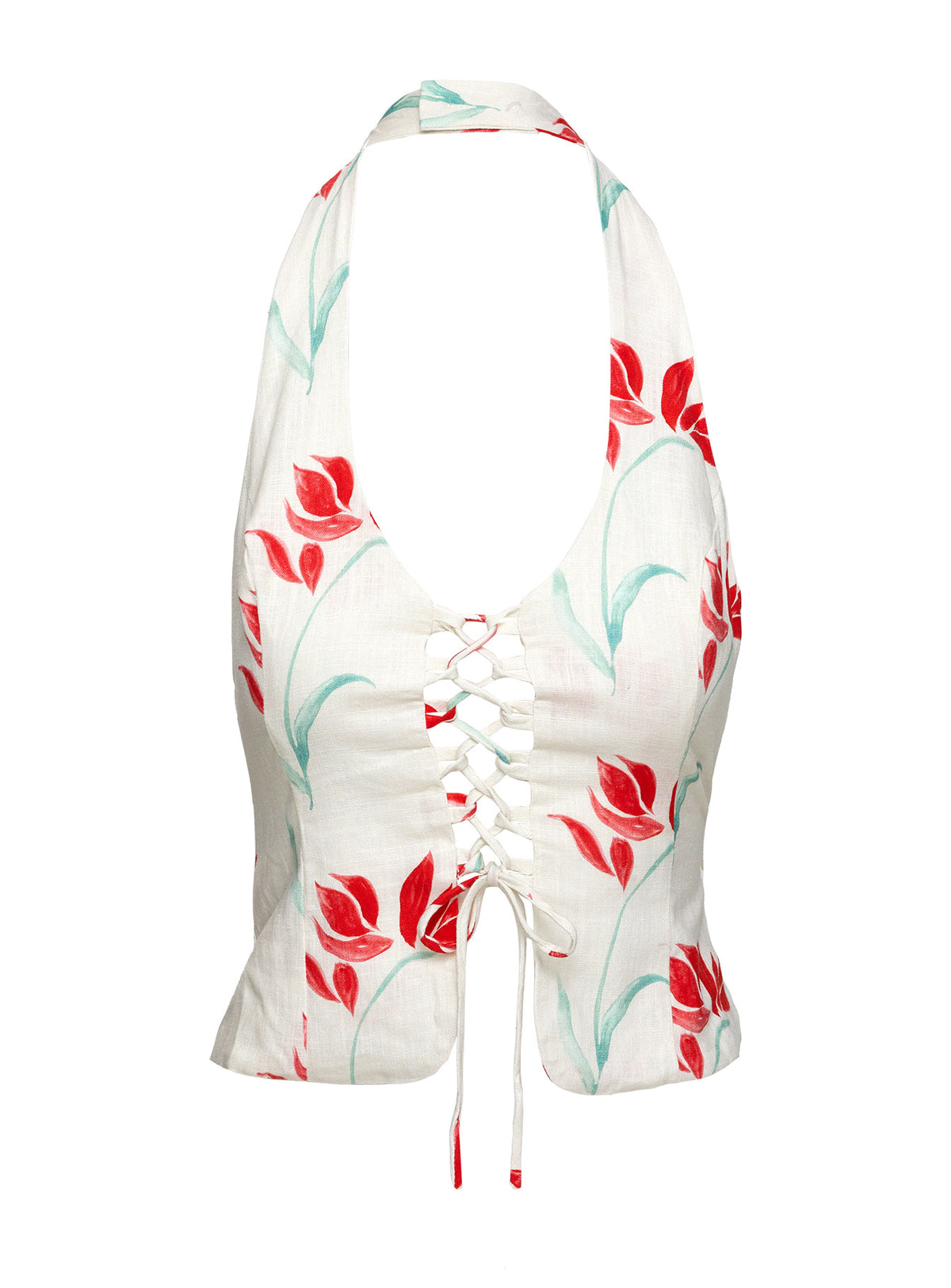 back view of model wearing Princess Polly Whitnee Linen Top Halter Floral Sleeveless Plunger 