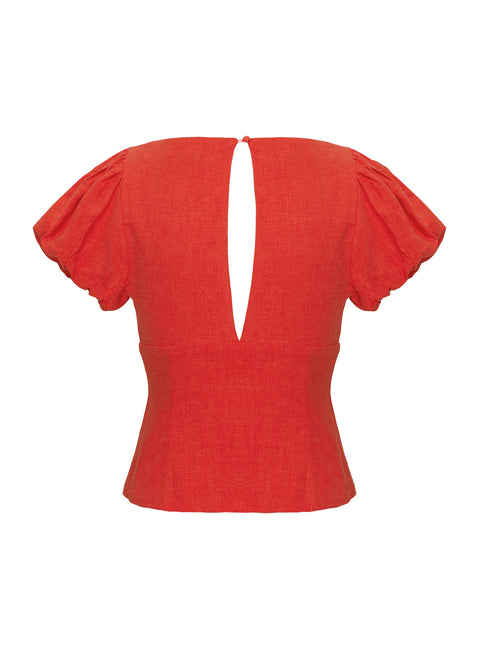 side view of model wearing Princess Polly Wilhelmina Blouse Top Red Short Sleeves Plunger 