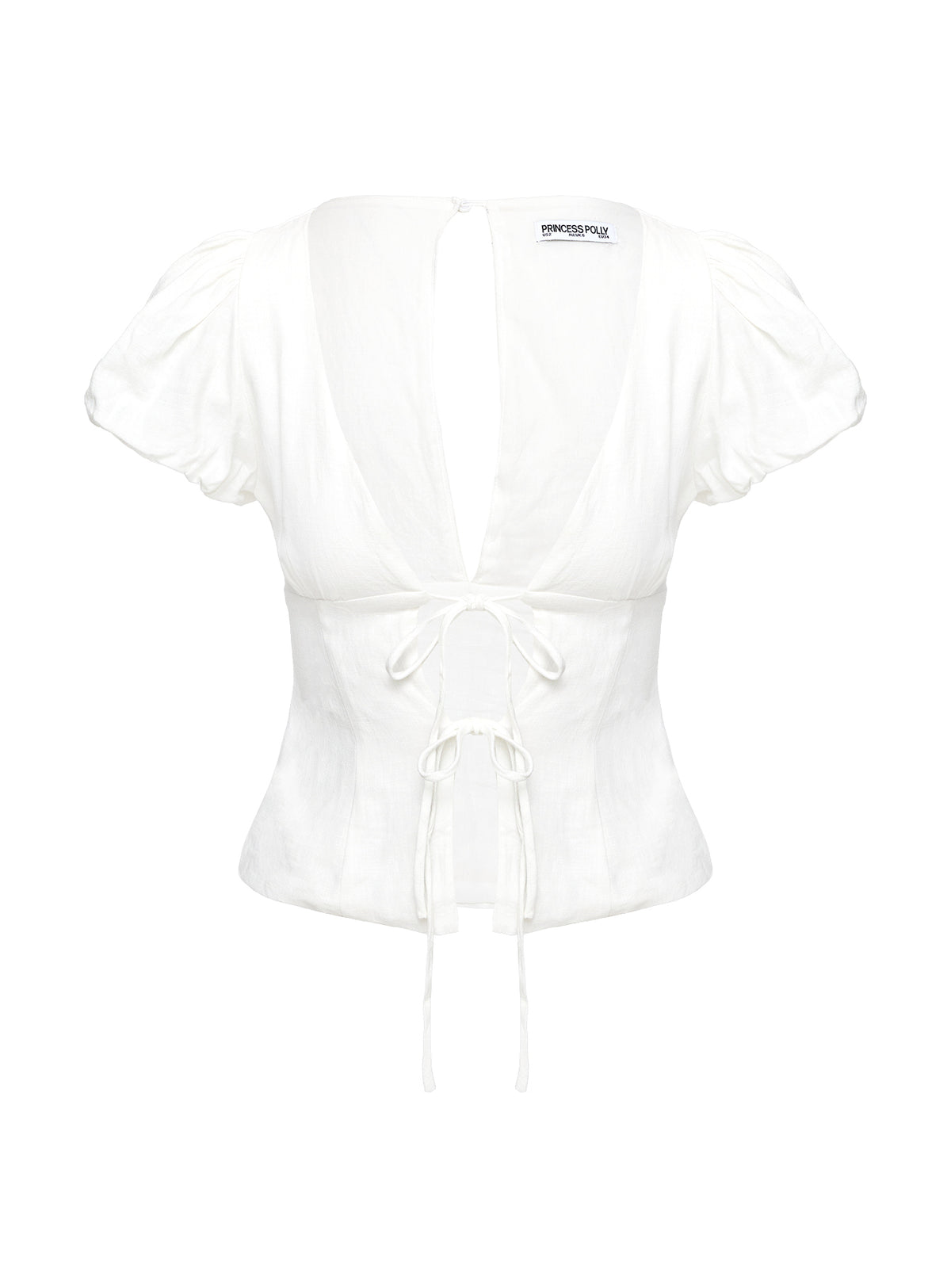 back view of model wearing Princess Polly Wilhelmina Blouse Top White Short Sleeves Plunger 