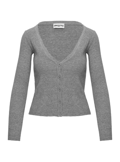 back view of model wearing Princess Polly York Cardigan Grey Marle Cropped Jumpers Jumpers 