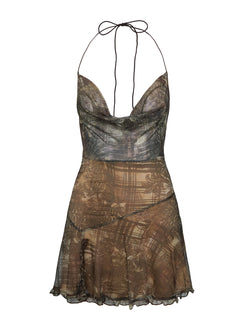 back view of model wearing Princess Polly Brilliance Cowl Neck Mini Dress Brown Multi Cowl Neck 