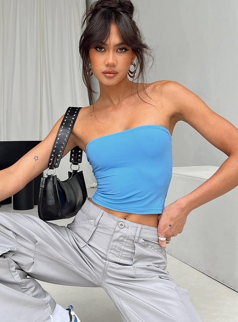 front view of model wearing Princess Polly Tomlin Top Blue Sleeveless 