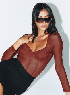 side view of model wearing Princess Polly Leonie Bodysuit Brown Full Sleeves Sweetheart 