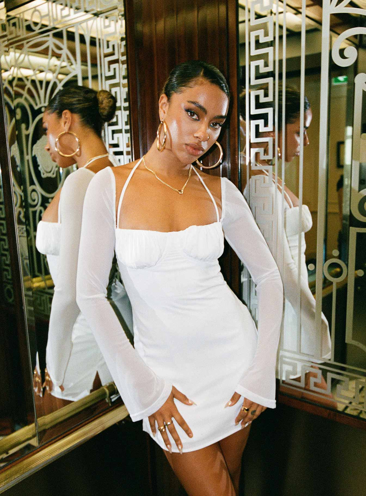product Princess Polly Square Neck  Dyer Sheer Sleeve Mini Dress White