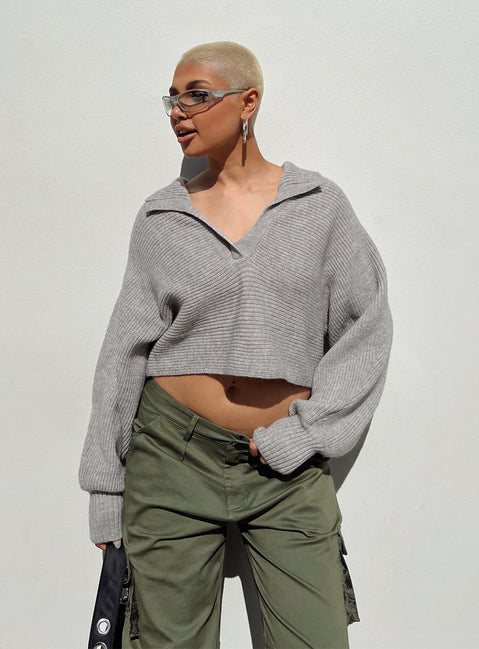 front view of model wearing Princess Polly Tiara Cropped Sweater Grey Cropped Jumpers Jumpers 