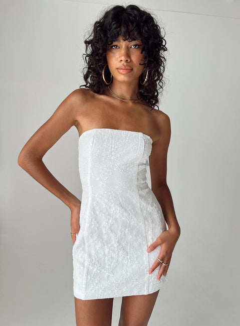 Front view of model wearing  front Princess Polly Square Neck  Anja Mini Dress White