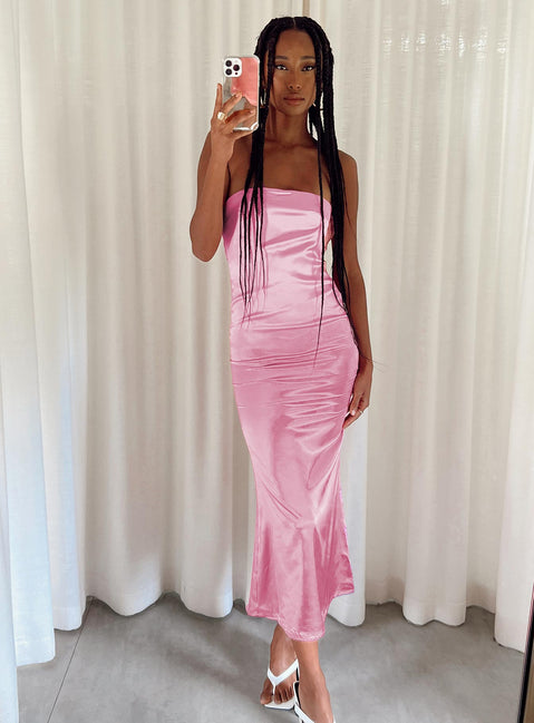 Front view of model wearing  front Princess Polly High Neck  Shaya Strapless Maxi Dress Pink