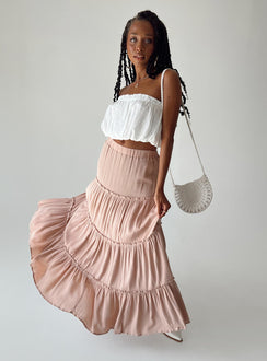   side view of model wearing Princess Polly Miriah Maxi Skirt Beige Maxi Skirts Skirts 