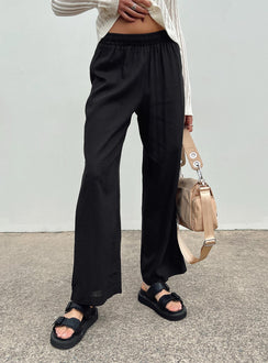 back view of model wearing Princess Polly Louis Linen Blend Pants Black High Rise Pants Pants 