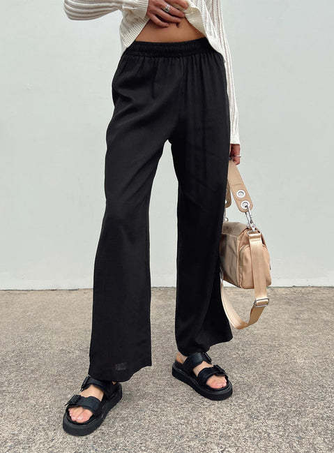 back view of model wearing Princess Polly Louis Linen Blend Pants Black High Rise Pants Pants 