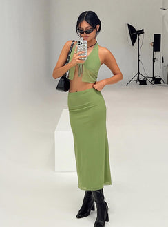 Matching set Mesh material Crop top Halter neck tie Split hem Tie fastening at bust Maxi skirt Low rise Good stretch Partially lined