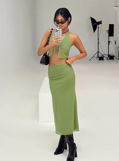 Matching set Mesh material Crop top Halter neck tie Split hem Tie fastening at bust Maxi skirt Low rise Good stretch Partially lined