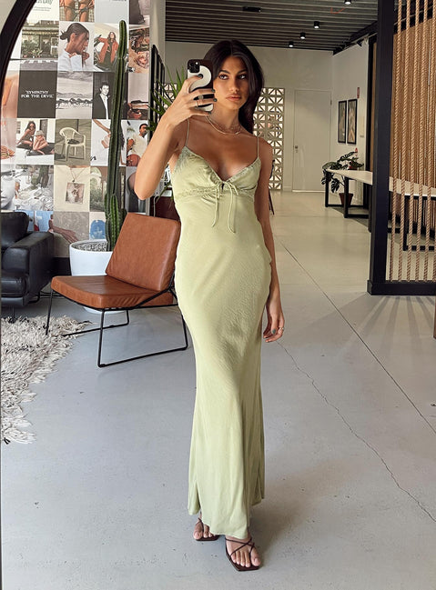 Front view of model wearing  front Princess Polly Square Neck  Emily Maxi Dress Green
