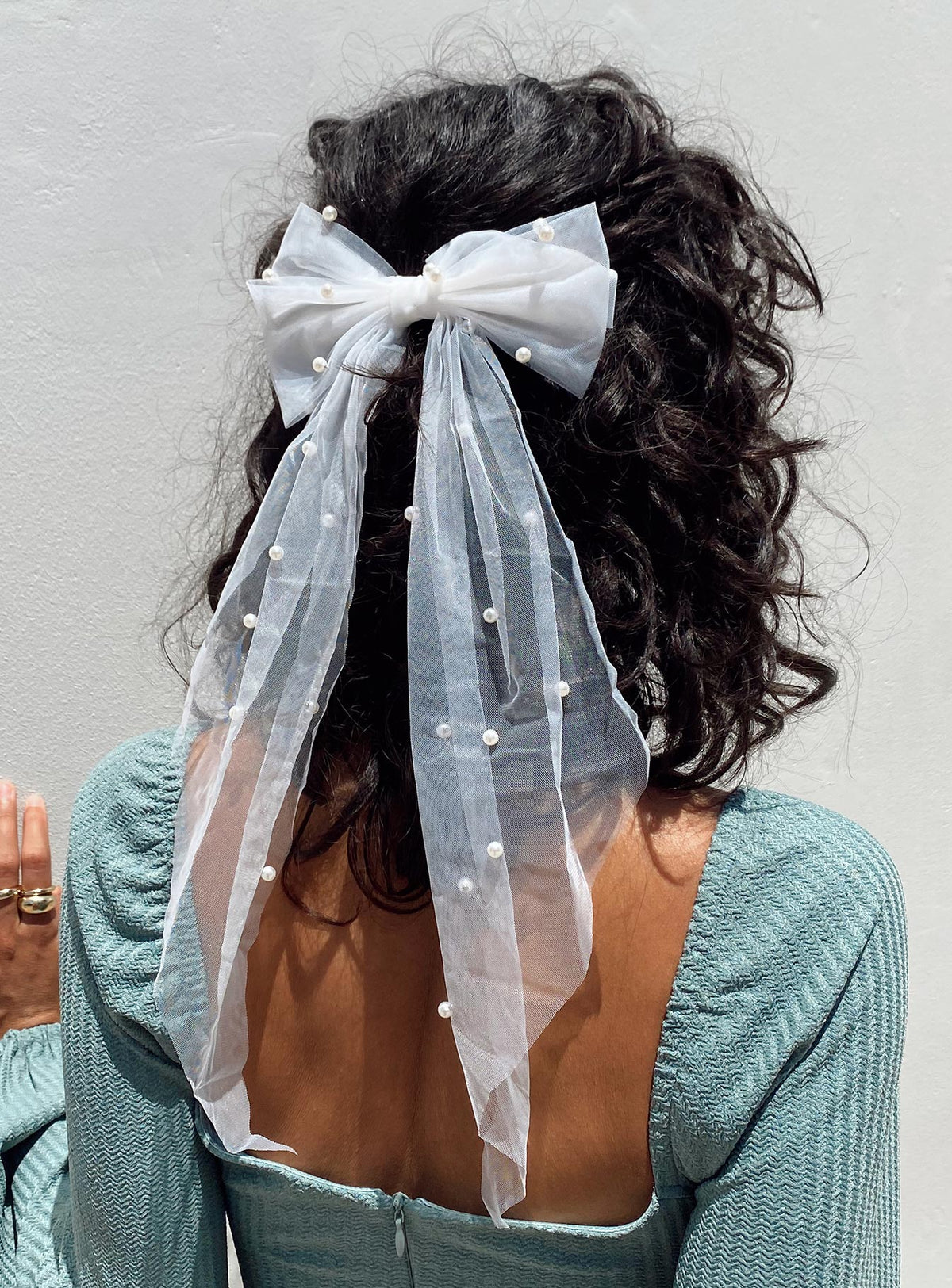 Hair bow Mesh material Silver-toned hardware  Snap clip fastening  Pearl detail