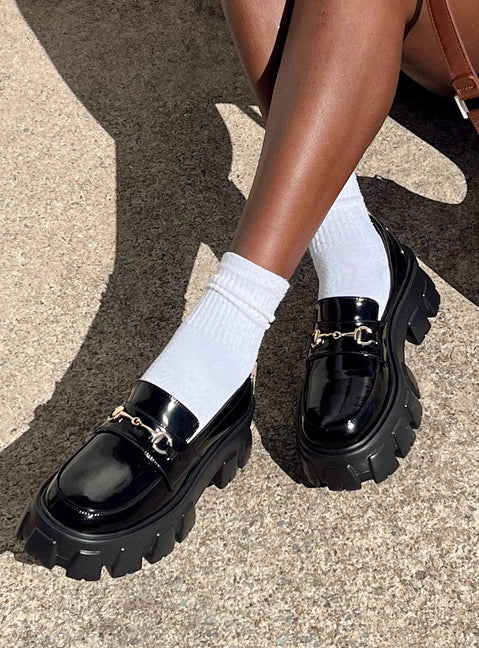 Loafers Faux patent leather Platform base Treaded sole Gold-toned snaffle detail Rounded toe