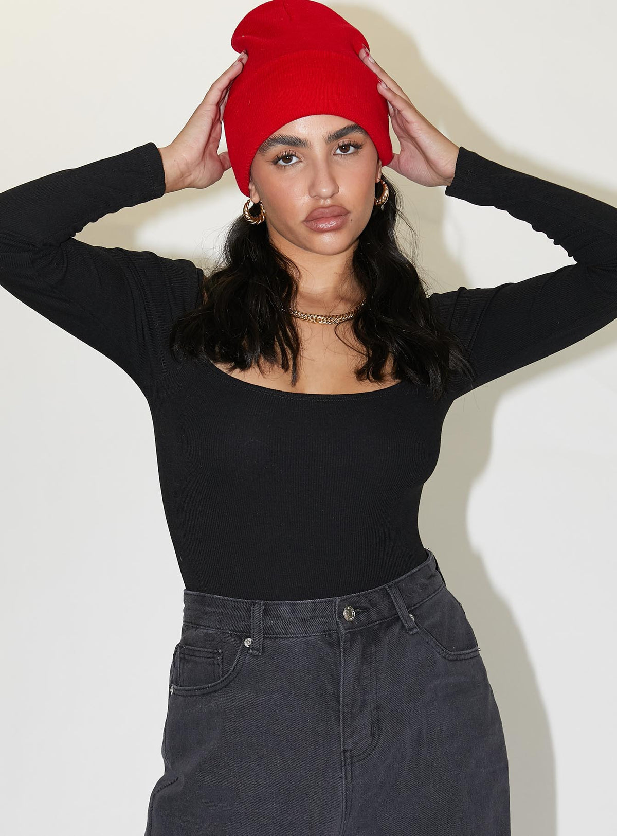 front view of model wearing Princess Polly Charlotte Bodysuit Black Long Sleeve Tops Bodysuit 