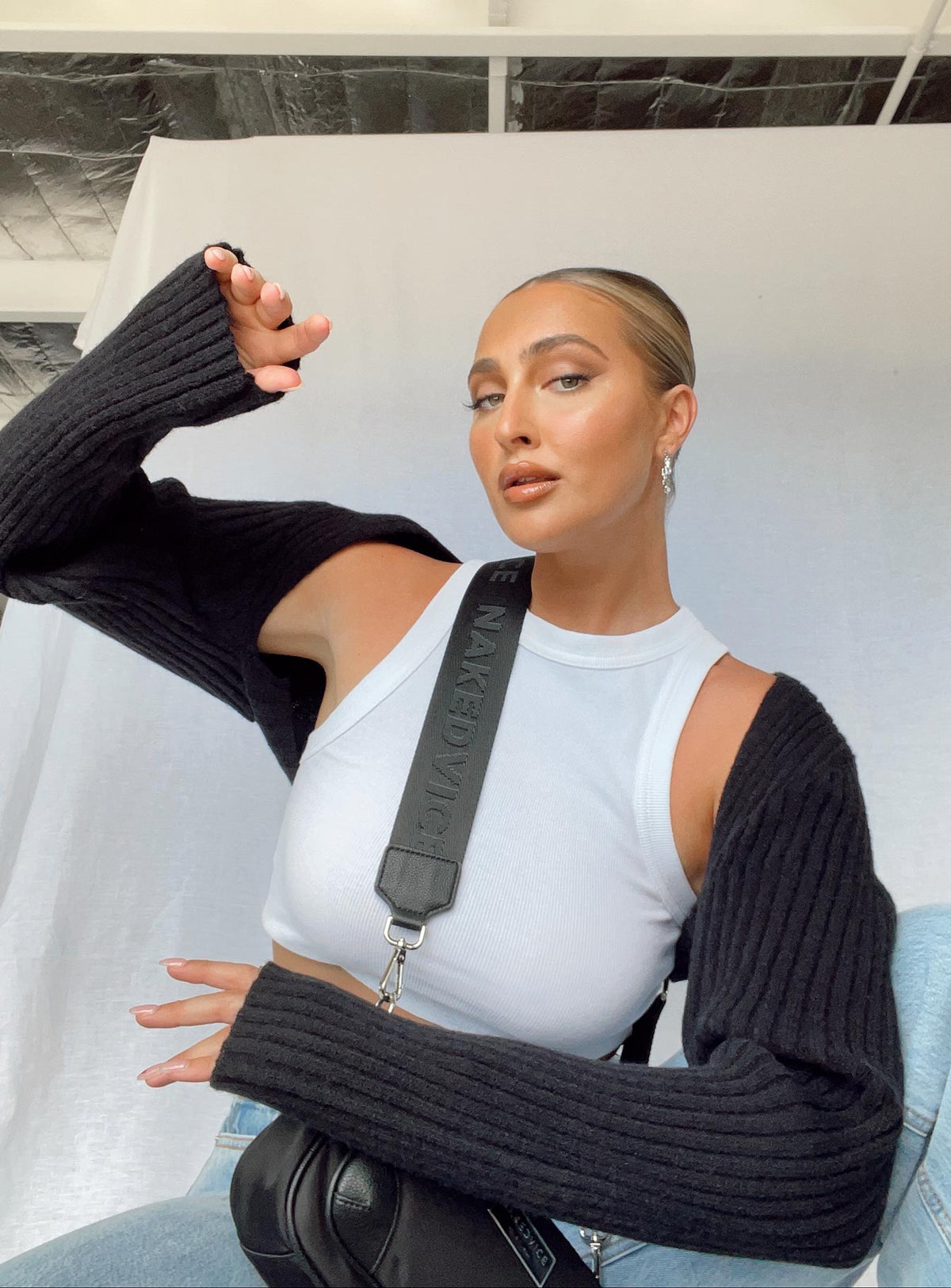 Featuring Aytan Bolero Sweater Black womens-jumpers in short view of model wearing Princess Polly