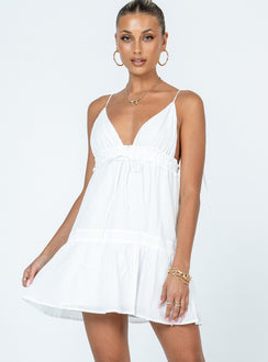 Front view of model wearing  front Princess Polly Asymmetric Neckline  Dionne Mini Dress White