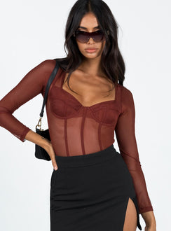 front view of model wearing Princess Polly Leonie Bodysuit Brown Full Sleeves Sweetheart 