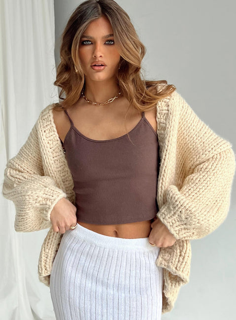 front view of model wearing Princess Polly Lester Knit Cardigan Cream Longline Jumpers Jumpers 