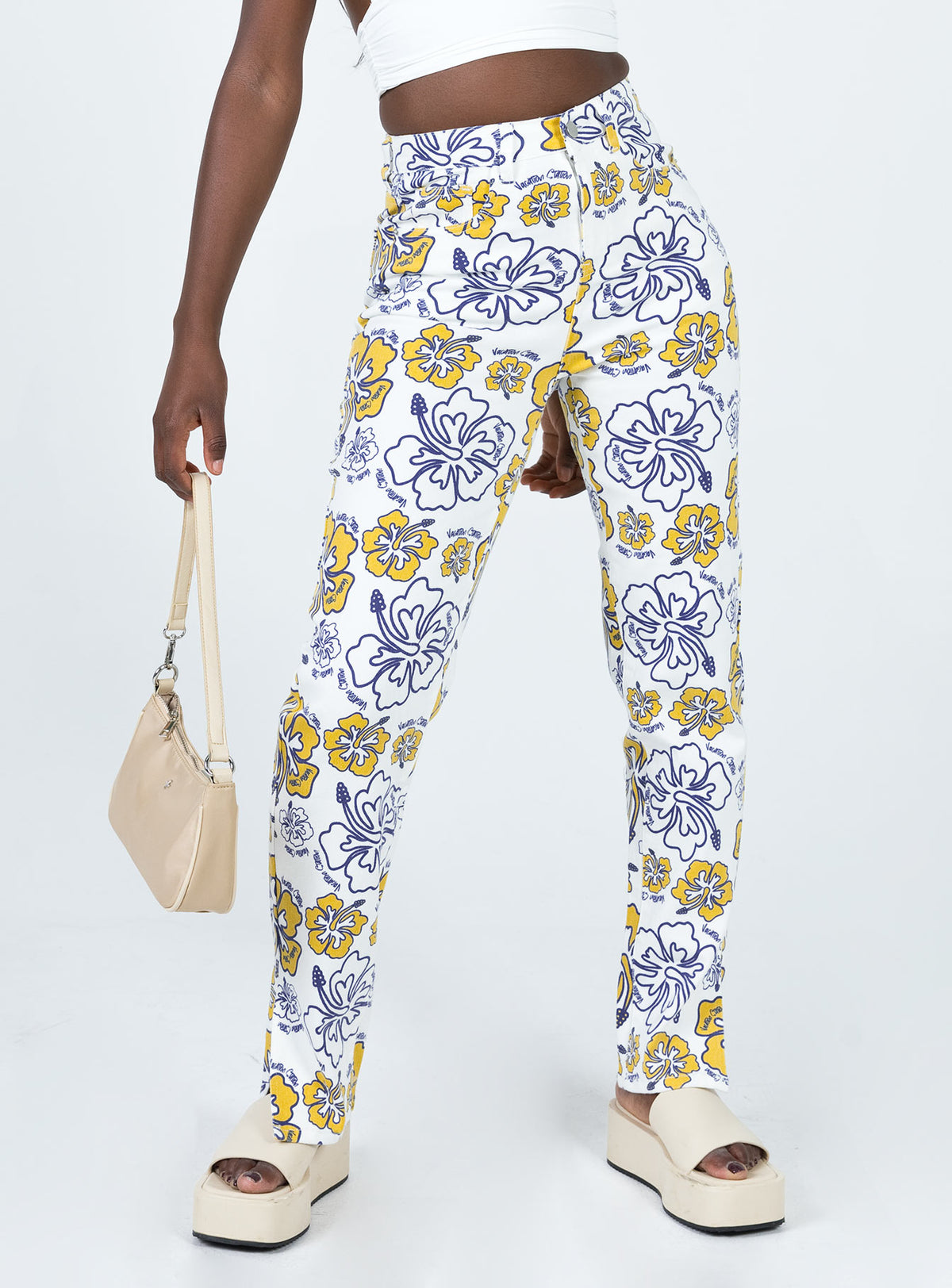 front view of model wearing Princess Polly Tropical Dreams High Rise Straight Leg Denim Jeans Off White Mid Rise Jeans Jeans 