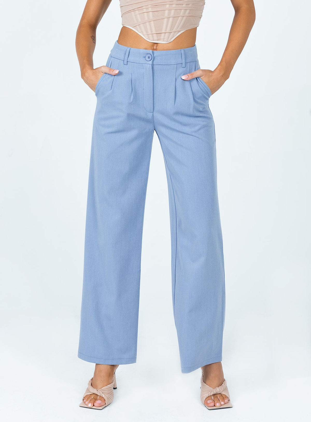 front view of model wearing Princess Polly Archer Pants Blue Pants 