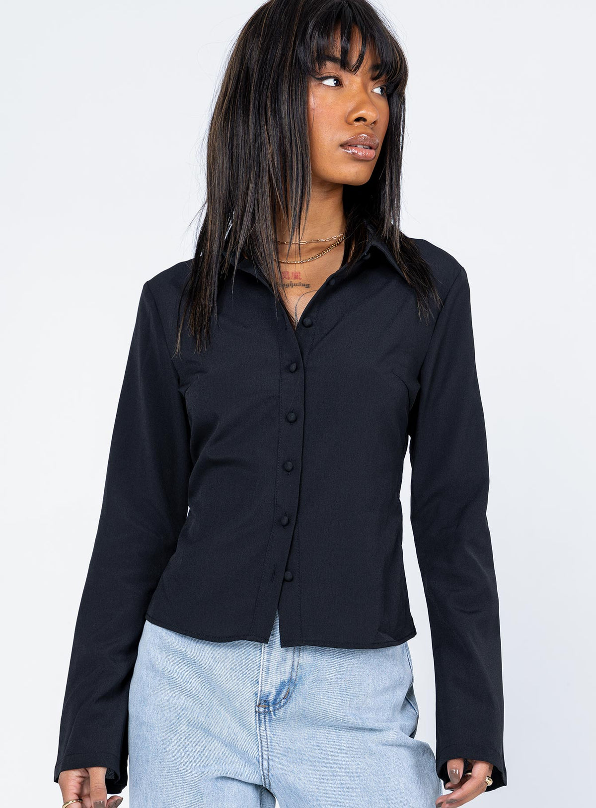 front view of model wearing Princess Polly Anni Shirt Black 