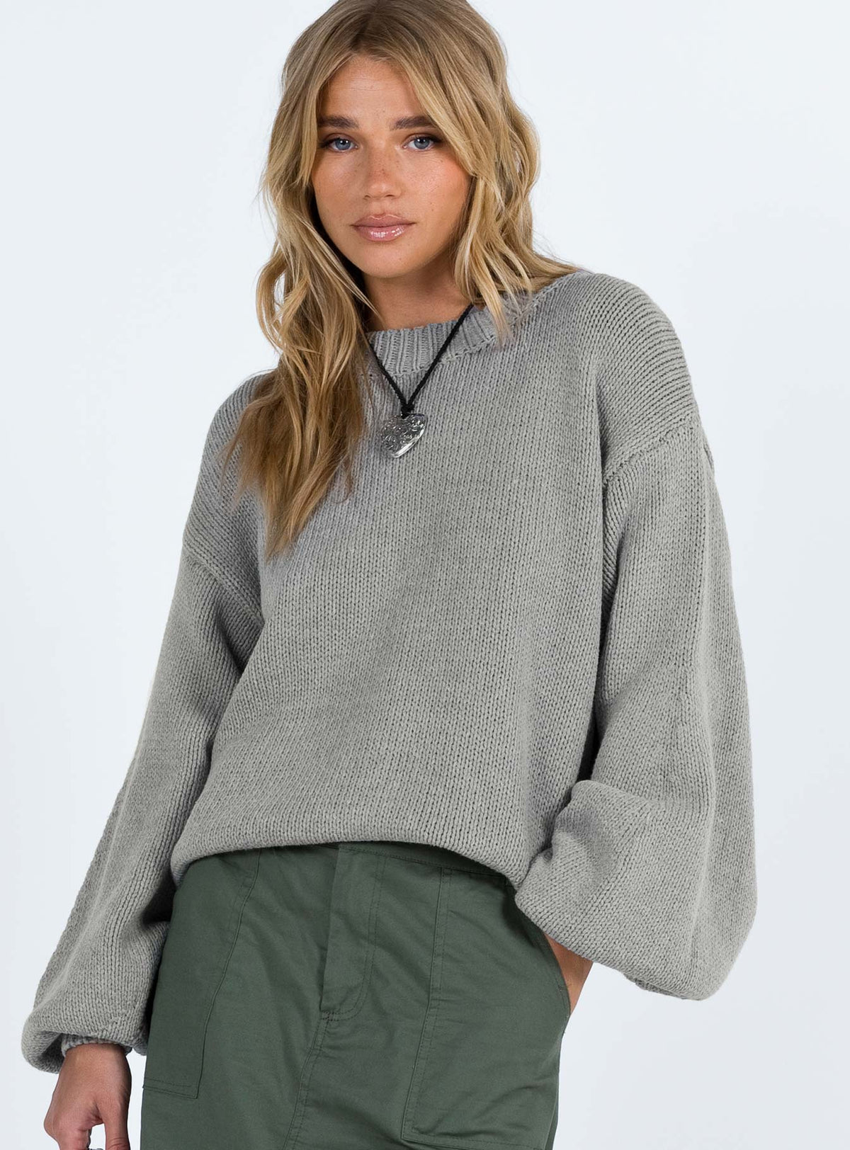 front view of model wearing Princess Polly Harmony Balloon Sleeve Knit Sweater Grey Longline Jumpers Jumpers 