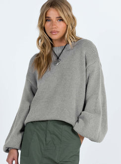 front view of model wearing Princess Polly Harmony Balloon Sleeve Knit Sweater Grey Longline Jumpers Jumpers 