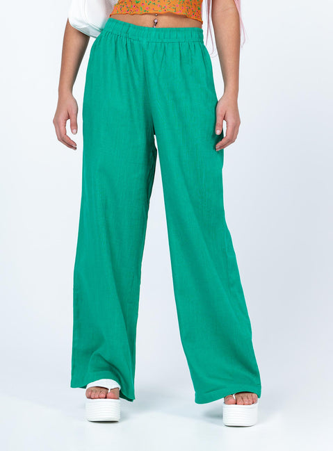 front view of model wearing Princess Polly Louis Linen Blend Pants Green Pants 