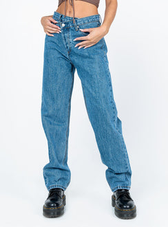 back view of model wearing Princess Polly Holly Asymmetric Straight Leg Jean Mid Wash Denim Mid Rise Jeans Jeans 