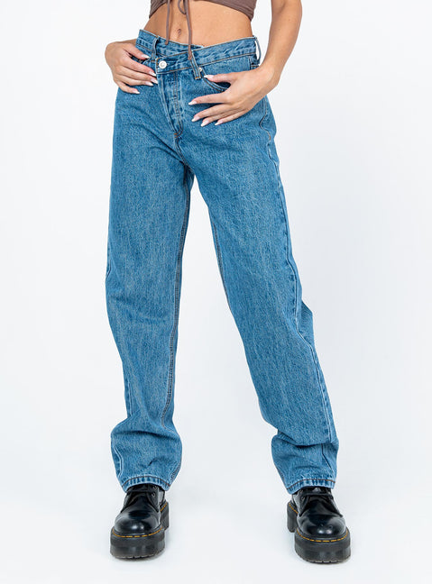 back view of model wearing Princess Polly Holly Asymmetric Straight Leg Jean Mid Wash Denim Mid Rise Jeans Jeans 