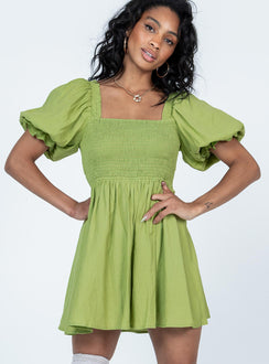 front view of model wearing Princess Polly Dani Mini Dress Green Square Neck 