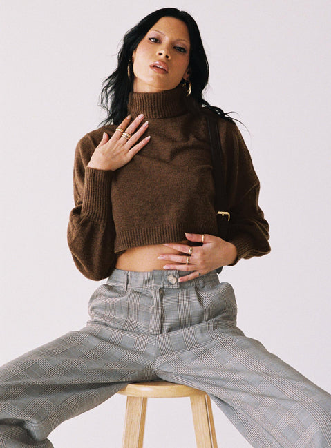 front view of model wearing Princess Polly Zahara Cropped Turtleneck Sweater Brown Cropped Jumpers Jumpers 